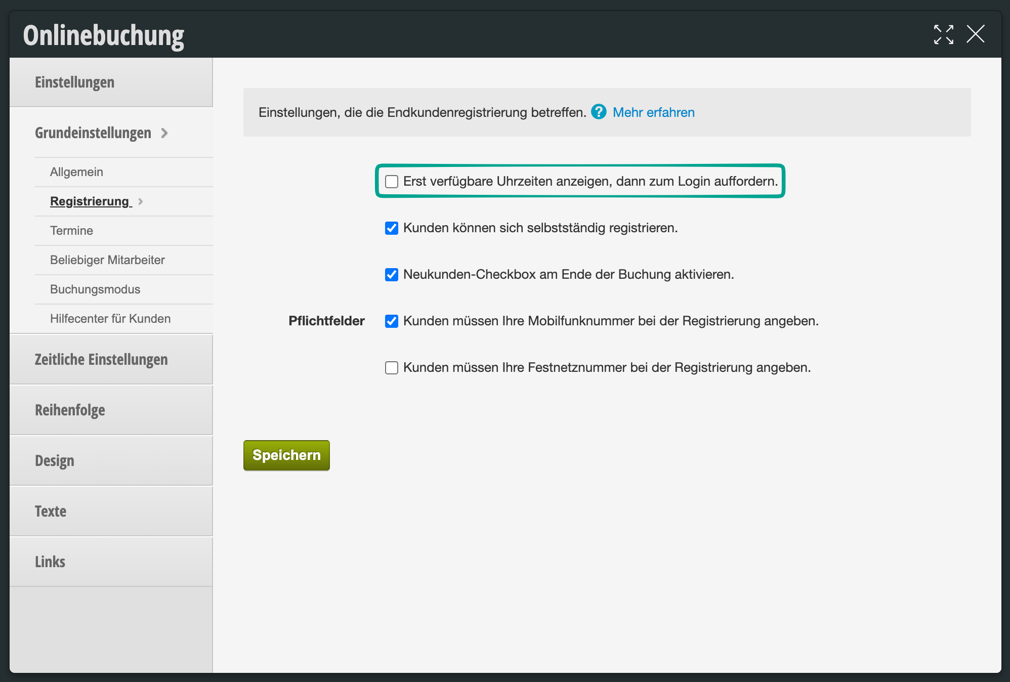 Einstellungen für Onlinebuchung mit Optionen zur Kundenselbstregistrierung und Pflichtfeldern für Mobilfunknummer