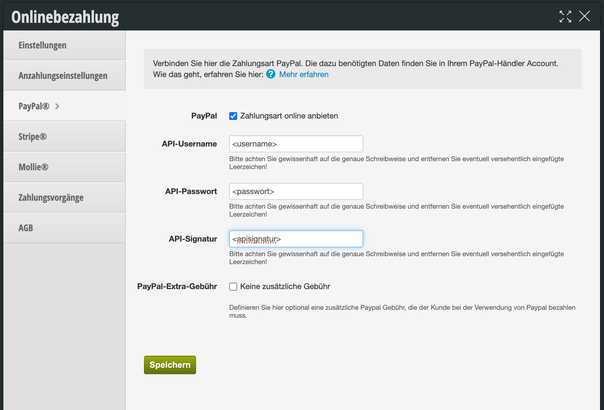 PayPal settings with input fields for API username, API password and API signature to configure online payment