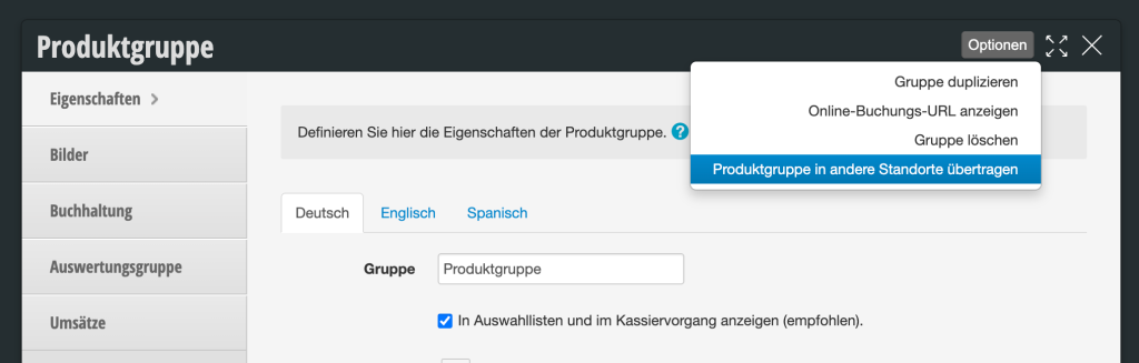 Optionen-Menü für Produktgruppe mit Funktion zum Übertragen in andere Standorte