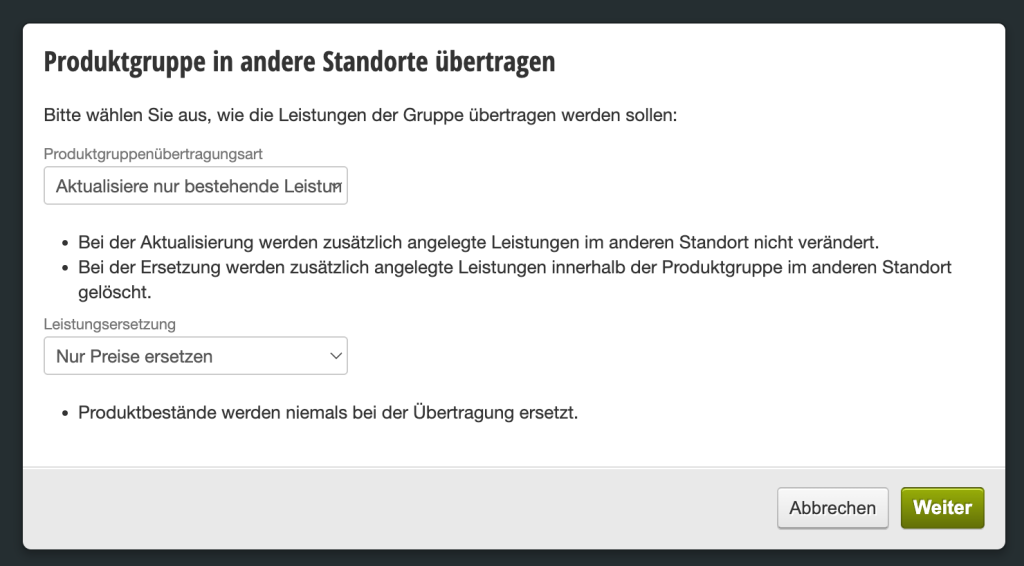 Dialog for transferring product groups to other locations with options for updates and service replacement