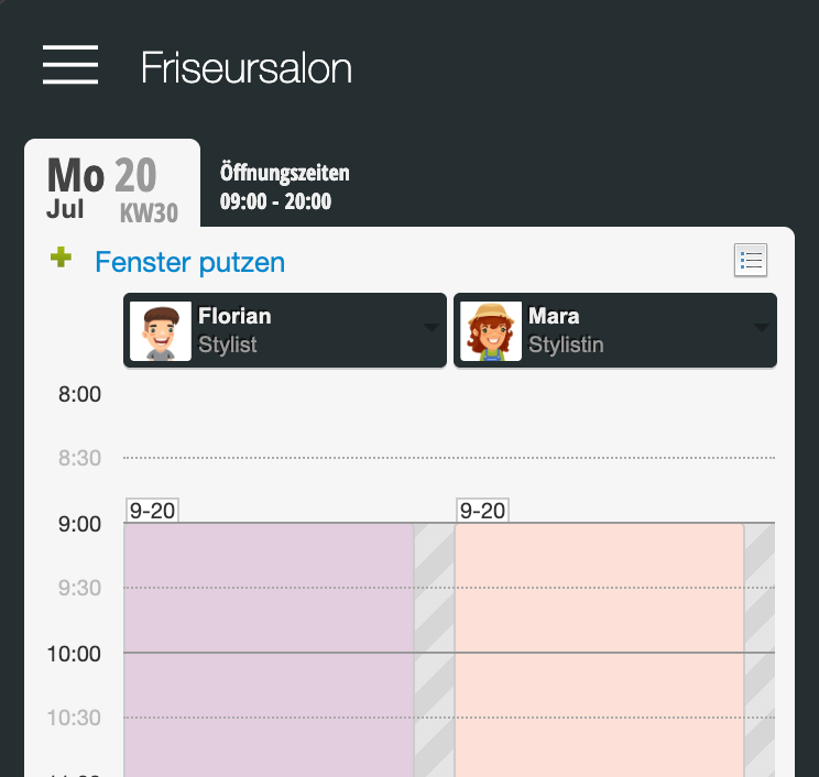 Frisersalon-Kalender für Montag 20. Juli mit Öffnungszeiten 09:00-20:00, zwei Mitarbeiter (Florian, Stylist und Mara, Stylistin) und deren Terminblöcke in der Tagesansicht