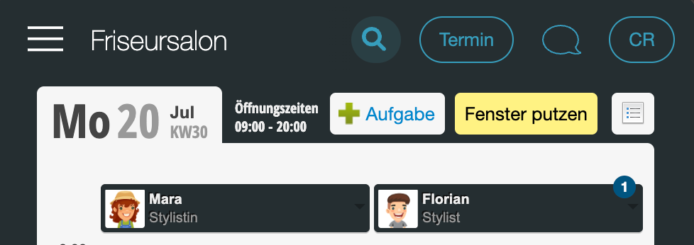 Kalenderansicht eines Friseursalons mit Datum, Öffnungszeiten und hervorgehobener 'Aufgabe hinzufügen' Schaltfläche