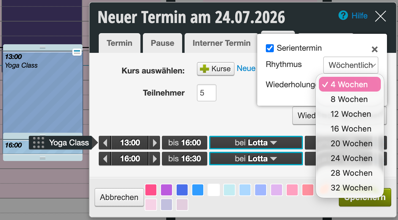 Dialog window for creating a recurring appointment with recurrence options from 4 to 32 weeks, frequency setting and color selection