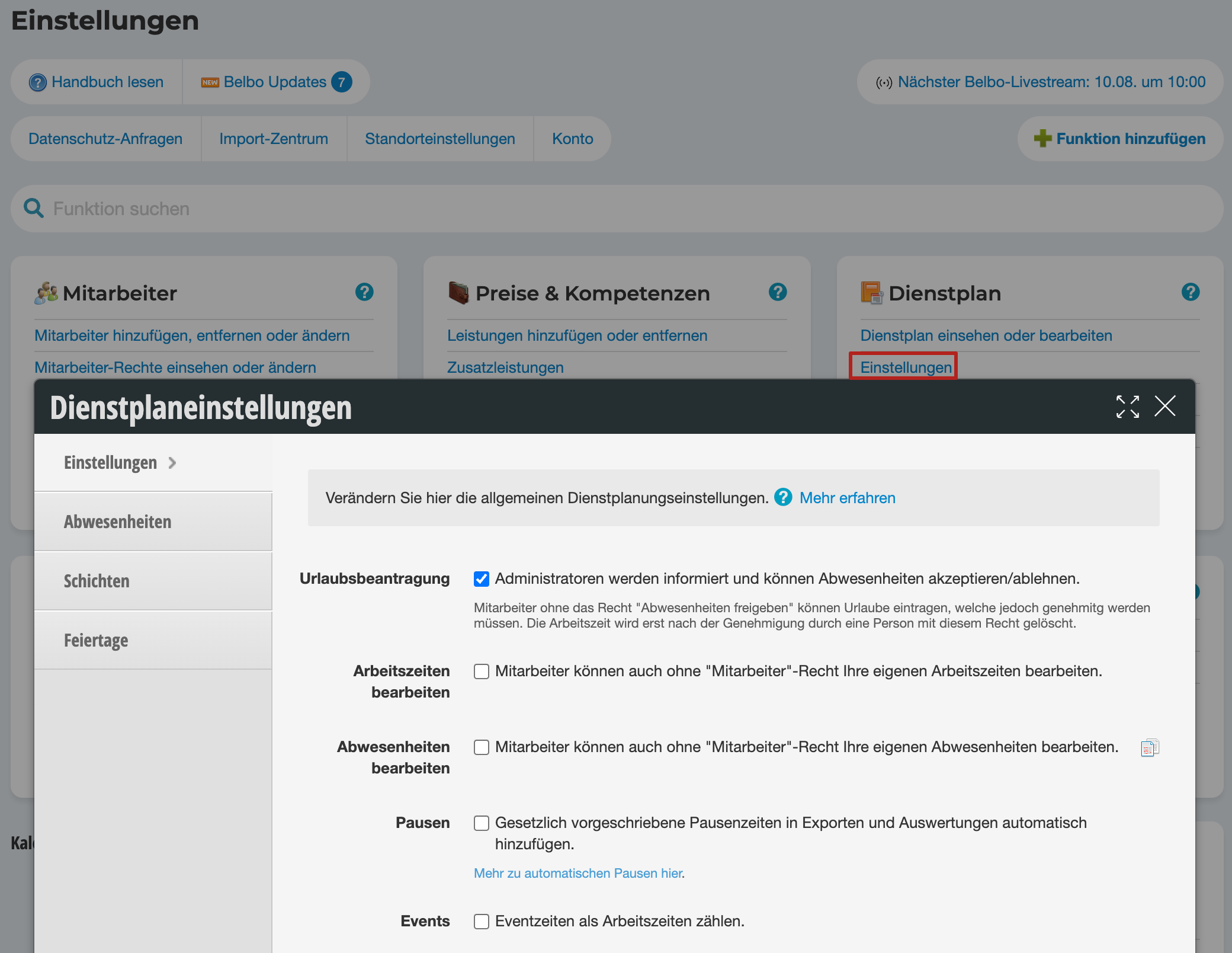 Dienstplaneinstellungen-Dialog mit Optionen für Urlaub, Arbeitszeiten, Abwesenheiten, Pausen und Events