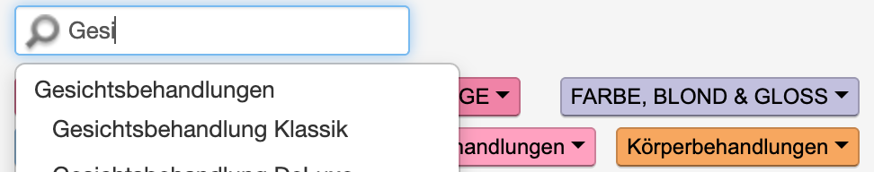Search field with dropdown list shows facial treatments and categories such as color, blonde & gloss and body treatments