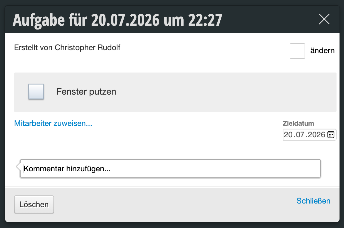 Aufgabenerstellungs-Dialog für 20.07.2026 mit Aufgabenbeschreibung, Mitarbeiterzuweisung und Kommentarfeld
