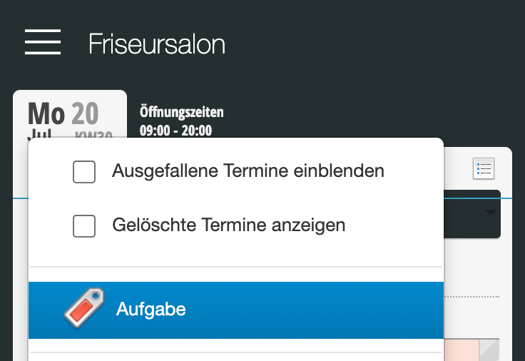 Dialog-Fenster mit Checkboxen zum Filtern von Aufgaben (ausgefallene Termine, gelöschte Termine) und Button zum Erstellen neuer Aufgaben