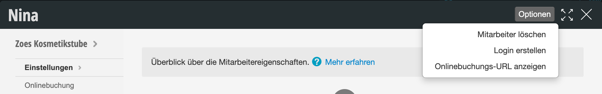 Options menu for deleting a team member with the functions 'Delete Staff Member', 'Create Login' and 'Show Online Booking URL'