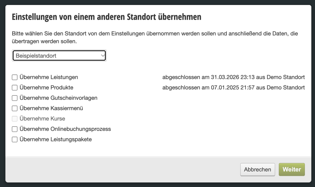 Dialog box for adopting settings from another location with checkboxes for services, products, voucher templates, cash register menu, courses, online booking process and service packages.