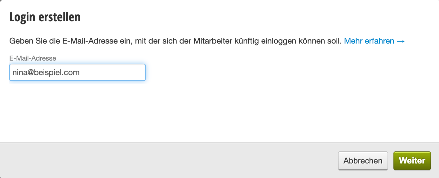 Login creation form with email input field for team member and Next button