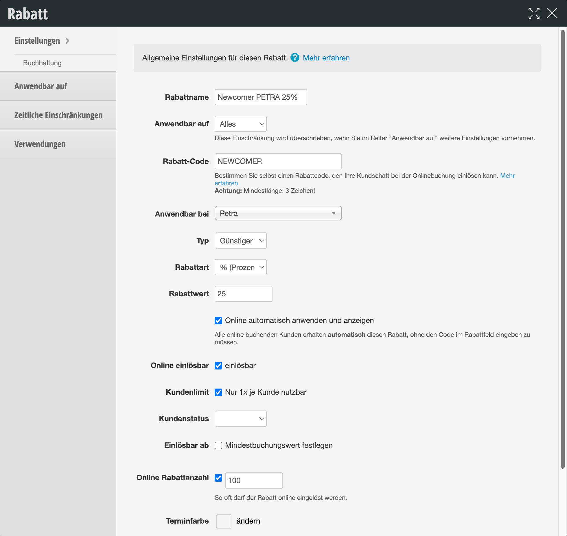 Discount settings form with fields for discount name, code, applicability, type, value and online options
