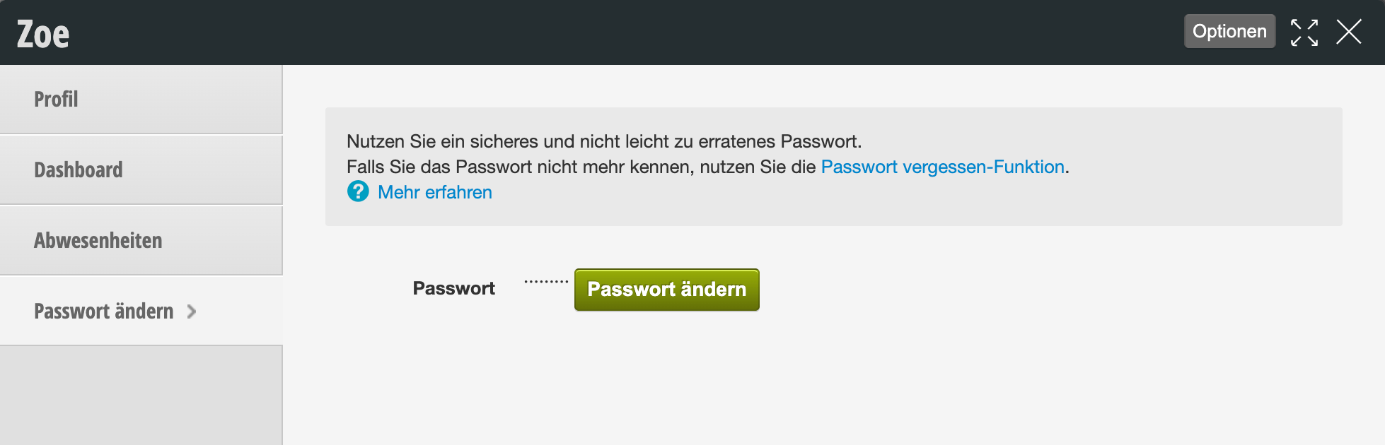 Employee profile page with change password button and security note on using secure passwords