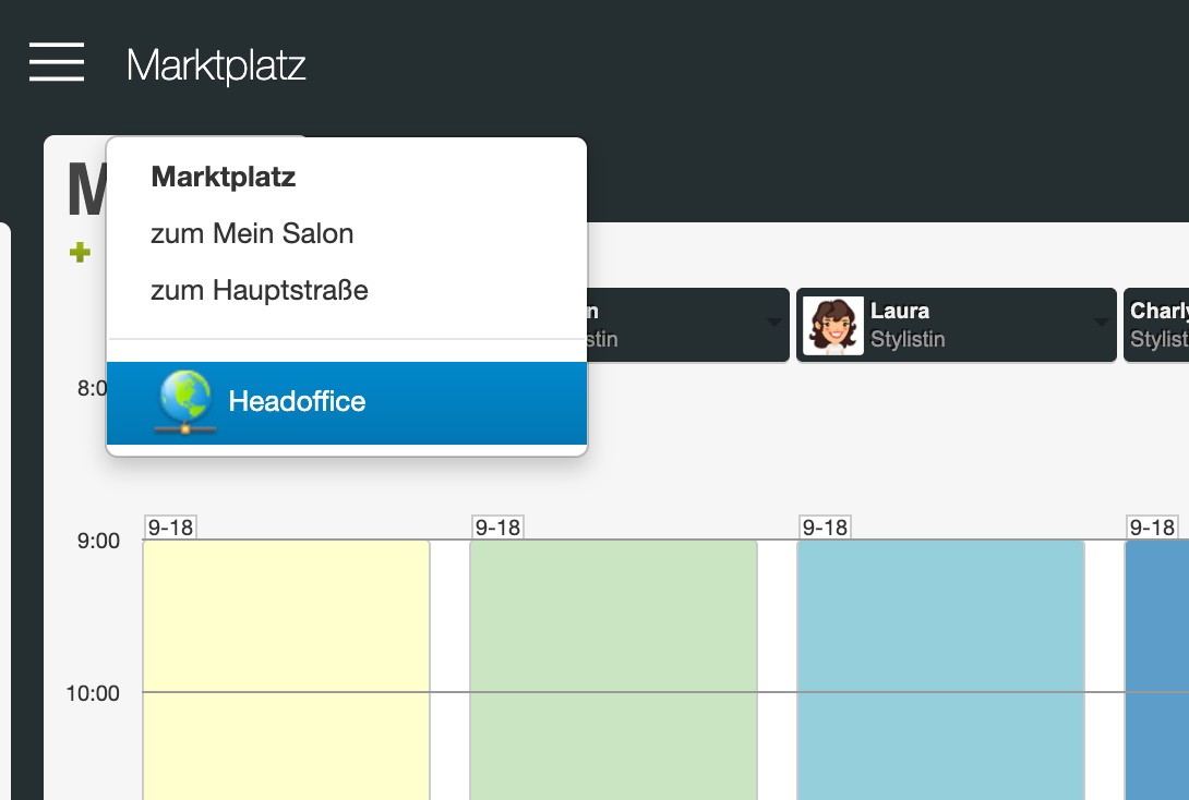 Marketplace menu with selection between two salons and Headoffice option in the Belbo Calendar view
