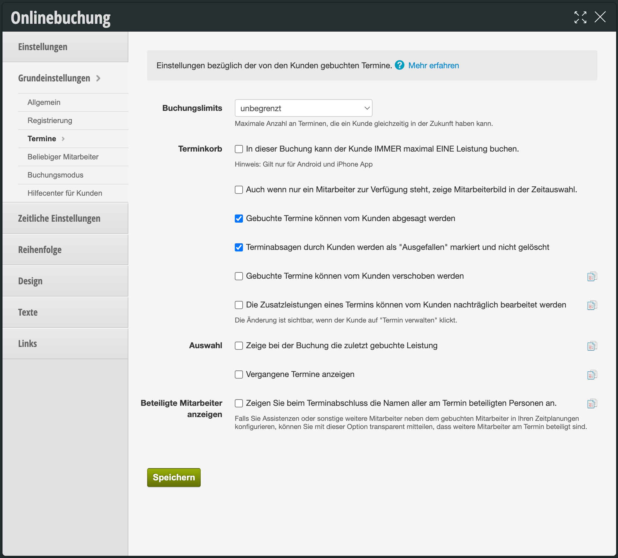 Einstellungen für Terminbuchung mit Optionen zu Buchungslimits, Terminkorb, Absagen und Mitarbeiteranzeige