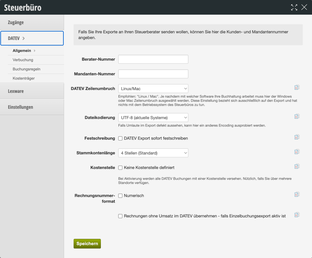 Settings page for tax office access with DATEV export settings, consultant and client number, and file encoding