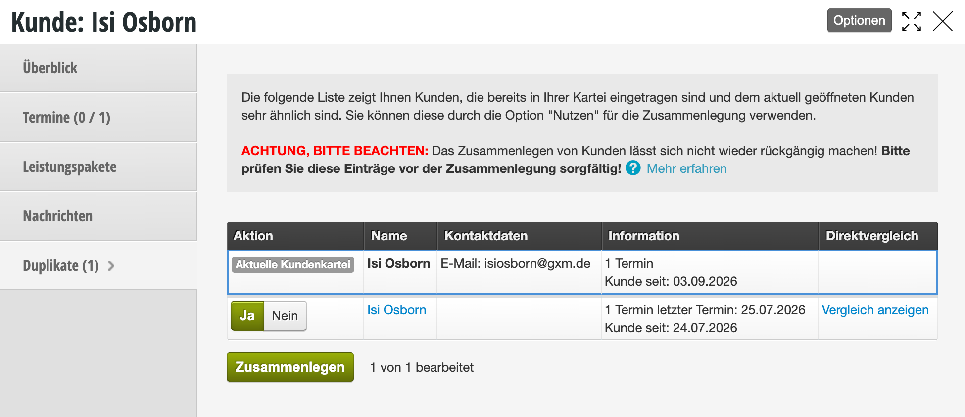 Kundenduplicate-Zusammenlegung für Isi Osborn mit Warnung und Ja/Nein-Auswahloptionen zum Zusammenführen zweier Kundeneinträge
