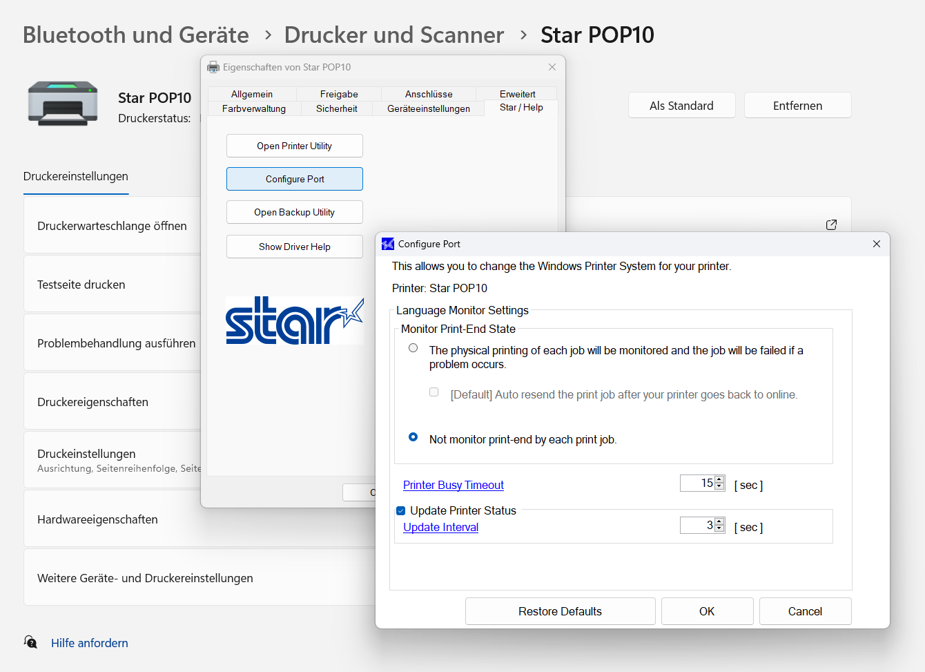 Windows-Druckereigenschaften: Reiter Star / Help, Dialog Configure Port mit ausgewählter Option "Not monitor print-end by each print job"