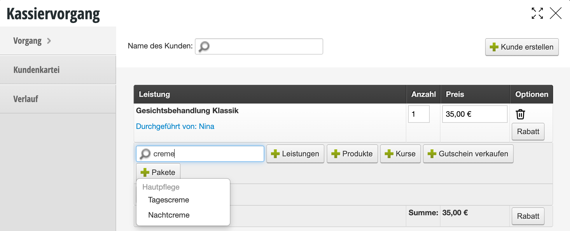 Kassiervorgangsbeispiel mit Produktsuche nach 'creme' und angezeigter Produktliste mit Hautpflege-Cremes