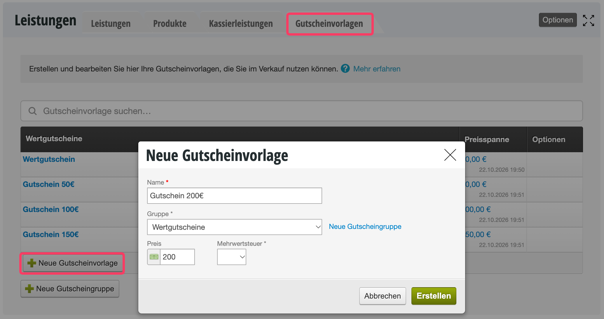 Dialog window for creating a new voucher template with fields for name, group, price and VAT