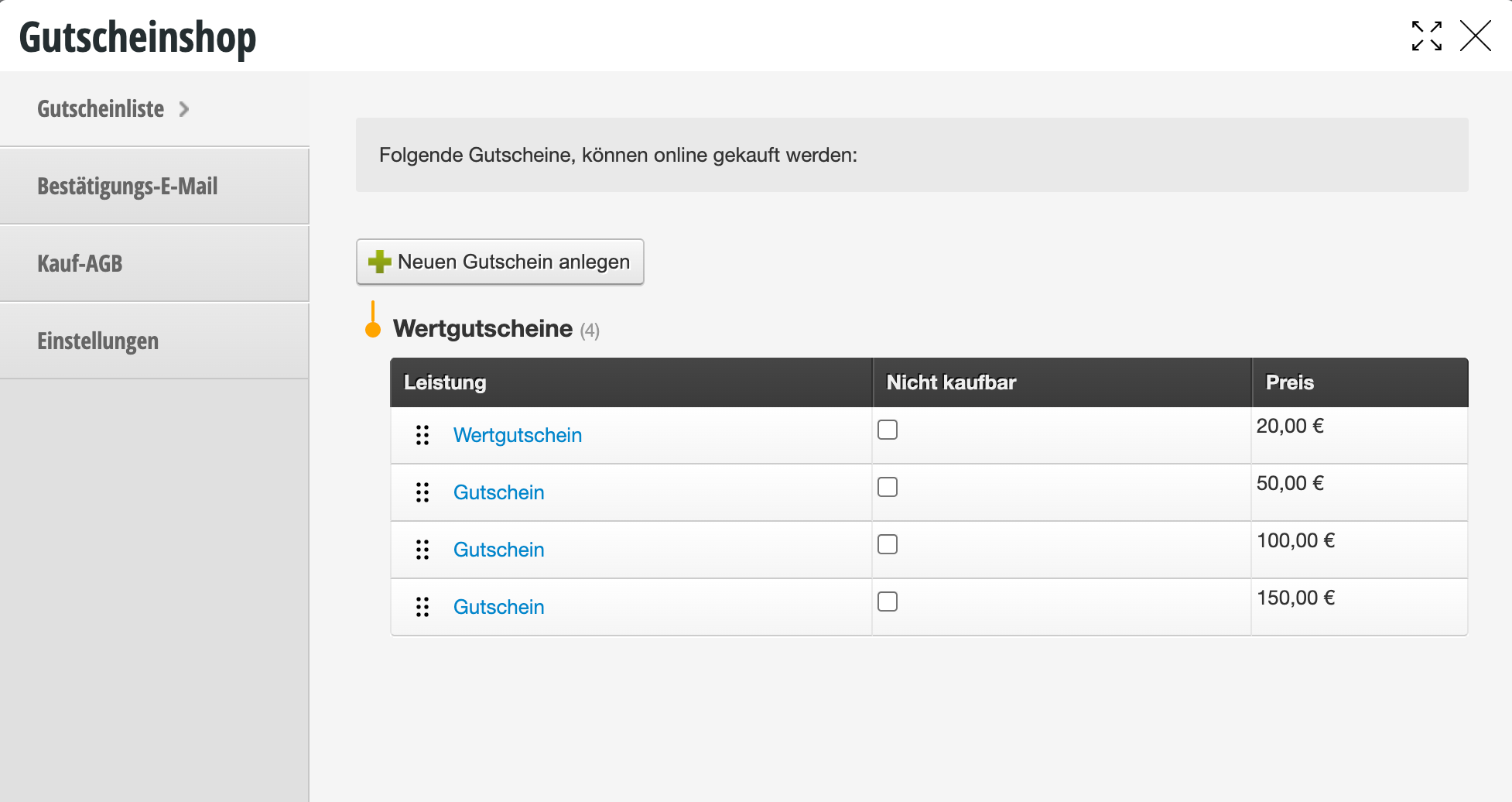 Gutscheinshop-Übersicht mit 4 verfügbaren Wertgutscheinen in Preisen von 20€ bis 150€ zum Online-Kauf
