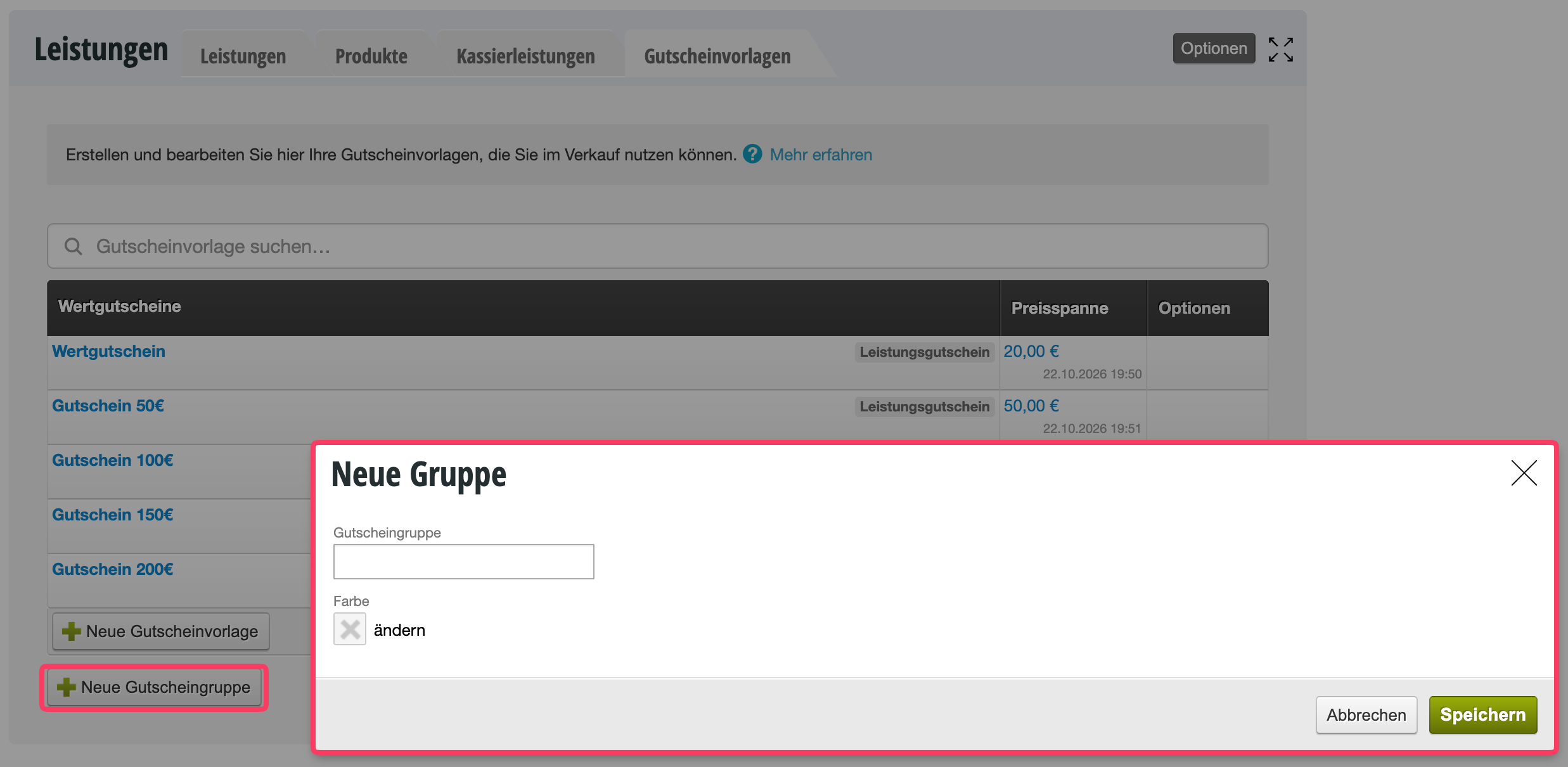 Dialog window for creating a new voucher group with input field for group name and color selection