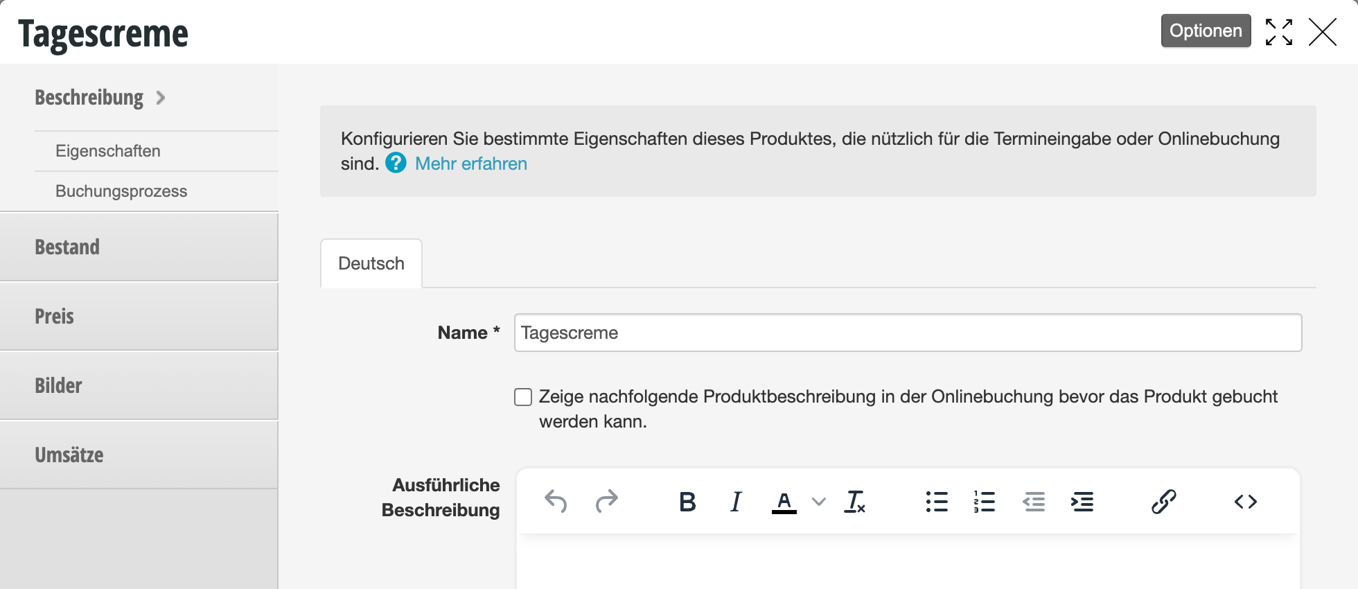 Formular zur Bearbeitung der Produktbeschreibung "Tagescreme" mit Feldern für Name, Produktbeschreibung und Ausführliche Beschreibung im Belbo Kassensystem