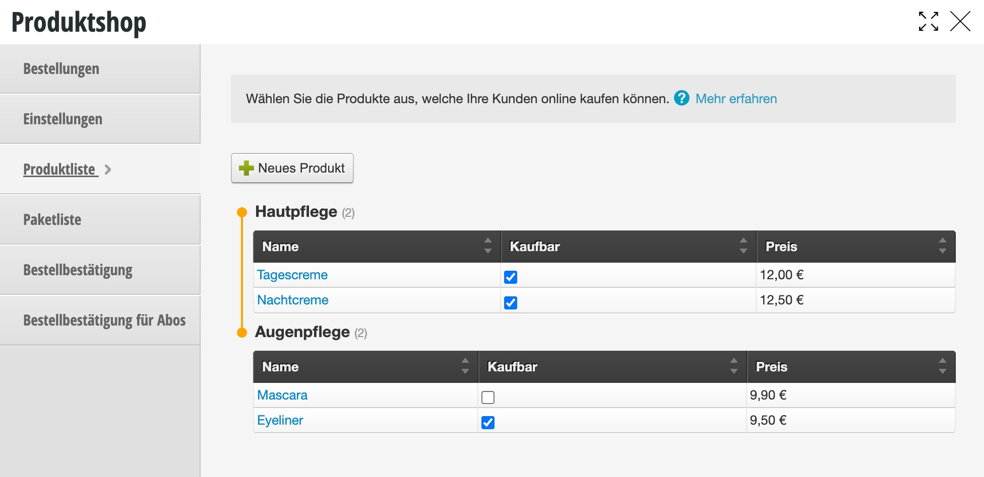 Produktshop-Verwaltung mit Produktkategorien Hautpflege und Augenpflege, zeigt Produktnamen, Kaufbarkeit und Preise in Tabellenform