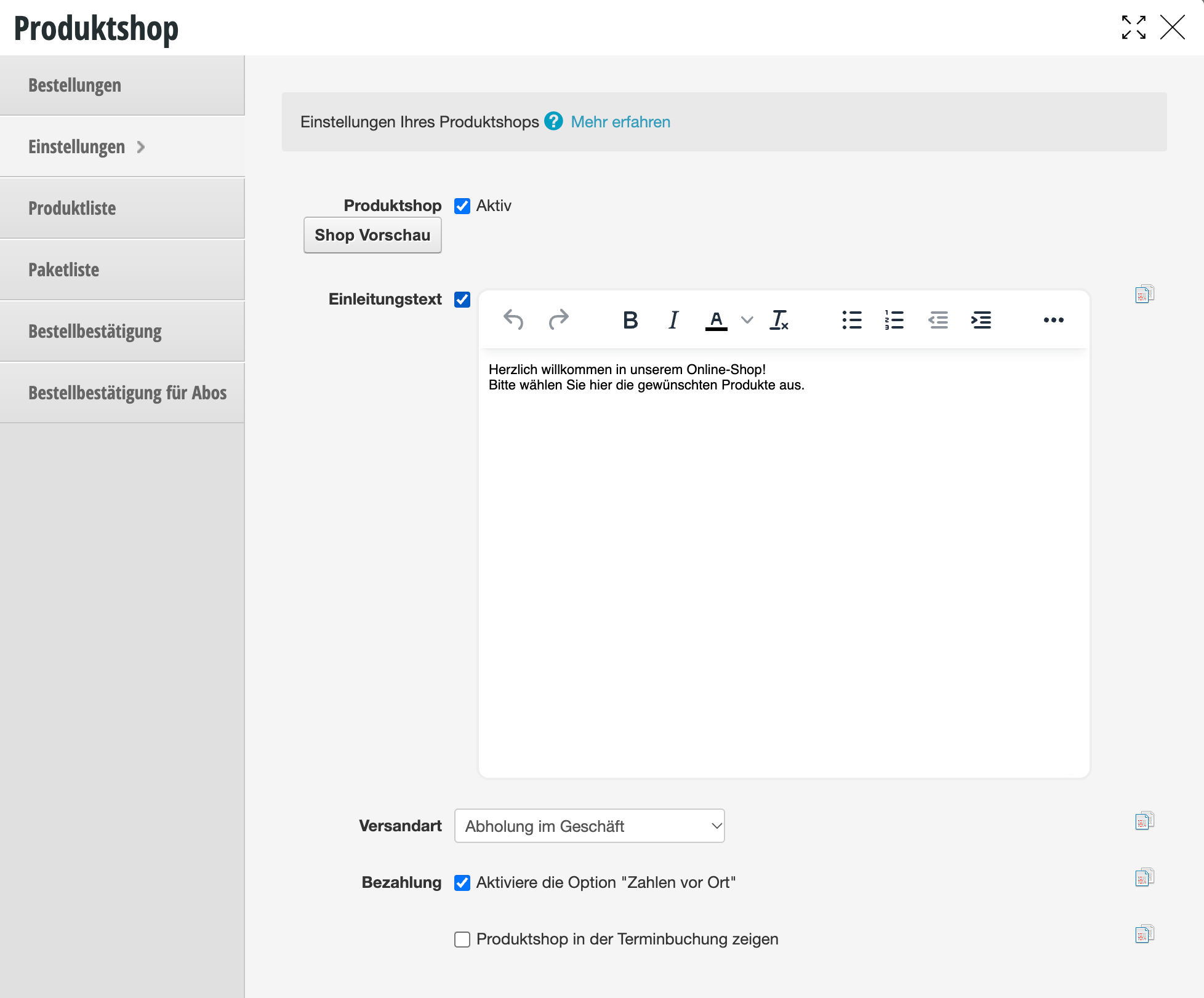 Einstellungen für den Produktshop mit aktivierter Option und Einleitungstext-Editor zur Willkommensnachricht