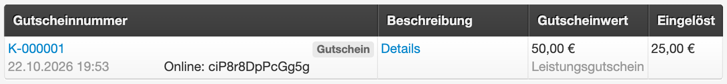 Tabelle mit Gutscheinübersicht zeigt Gutscheinnummer K-000001 mit Beschreibung, Wert von 50,00 € und Eingelöst von 25,00 €