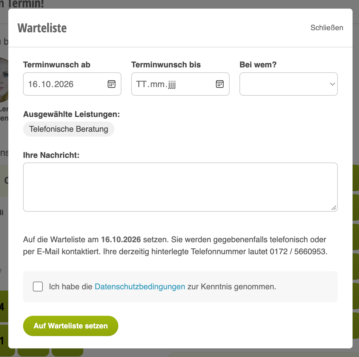 Warteliste-Formular mit Datumsbereich, Leistungsauswahl und Nachrichtenfeld zum Eintrag eines Kunden